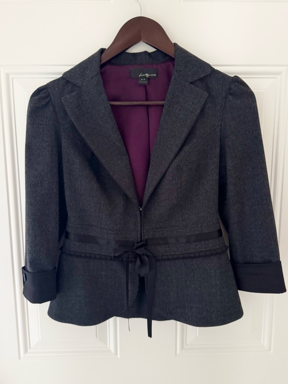 FOREVER 21 dark gray peplum 3/4 length sleeve blazer tie ribbon front size S